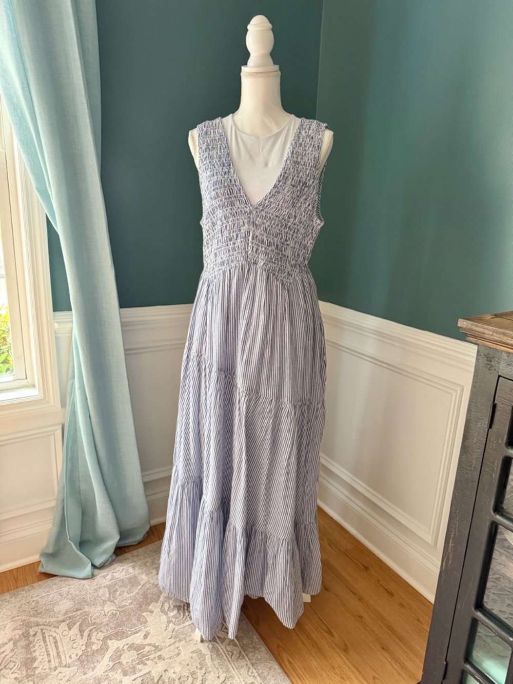 Free People Blue and White Striped Smocked Maxi Dress